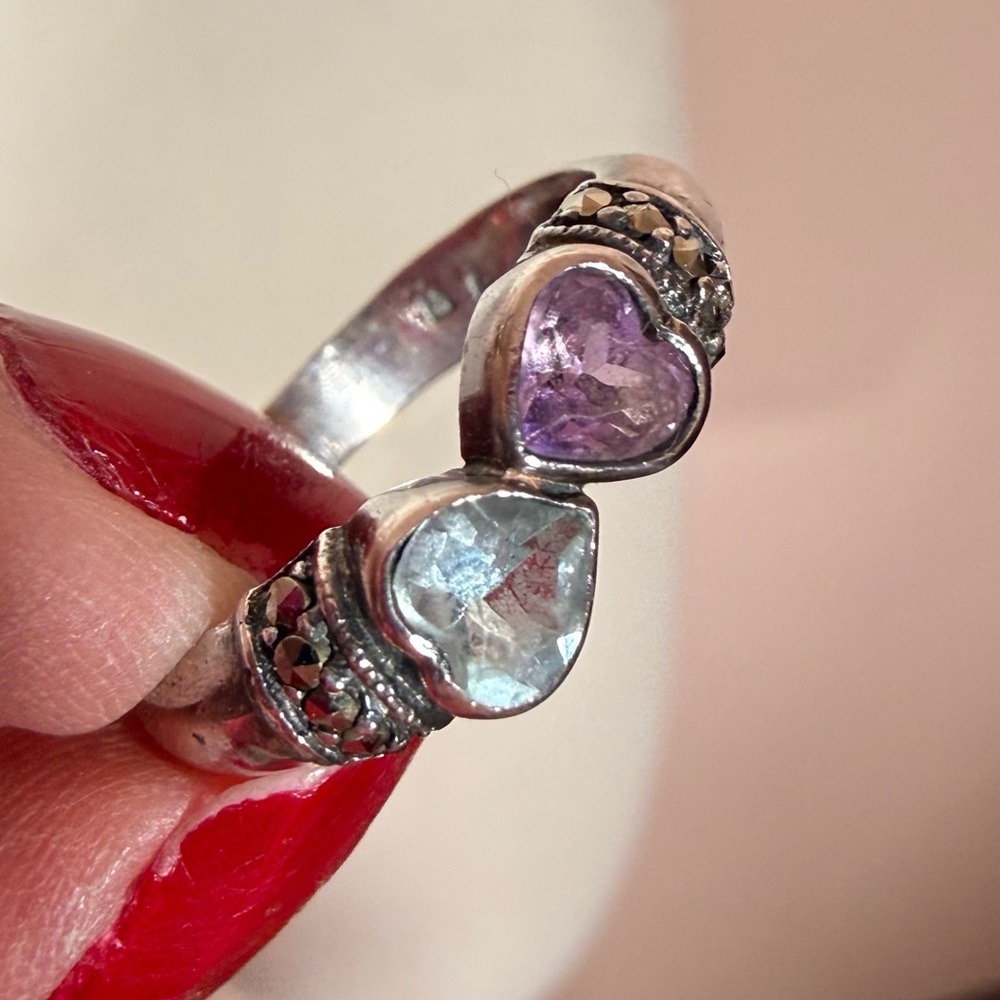 Vintage art deco Sterling silver amethyst Blue topaz heart by pass Ring 6 3/4